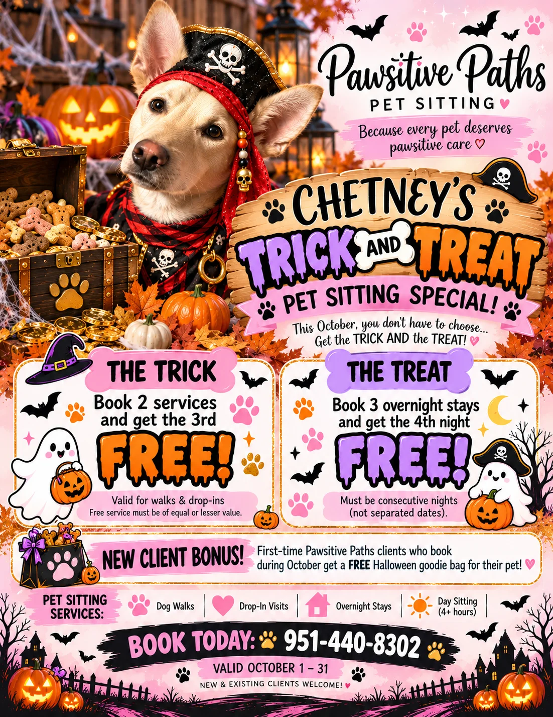 Pawsitive Paths Chetney's Trick and Treat Pet Sitting Special flyer — book 2 services and get the 3rd free, book 3 overnight stays and get the 4th night free, plus a free Halloween goodie bag for new clients, October 1–31