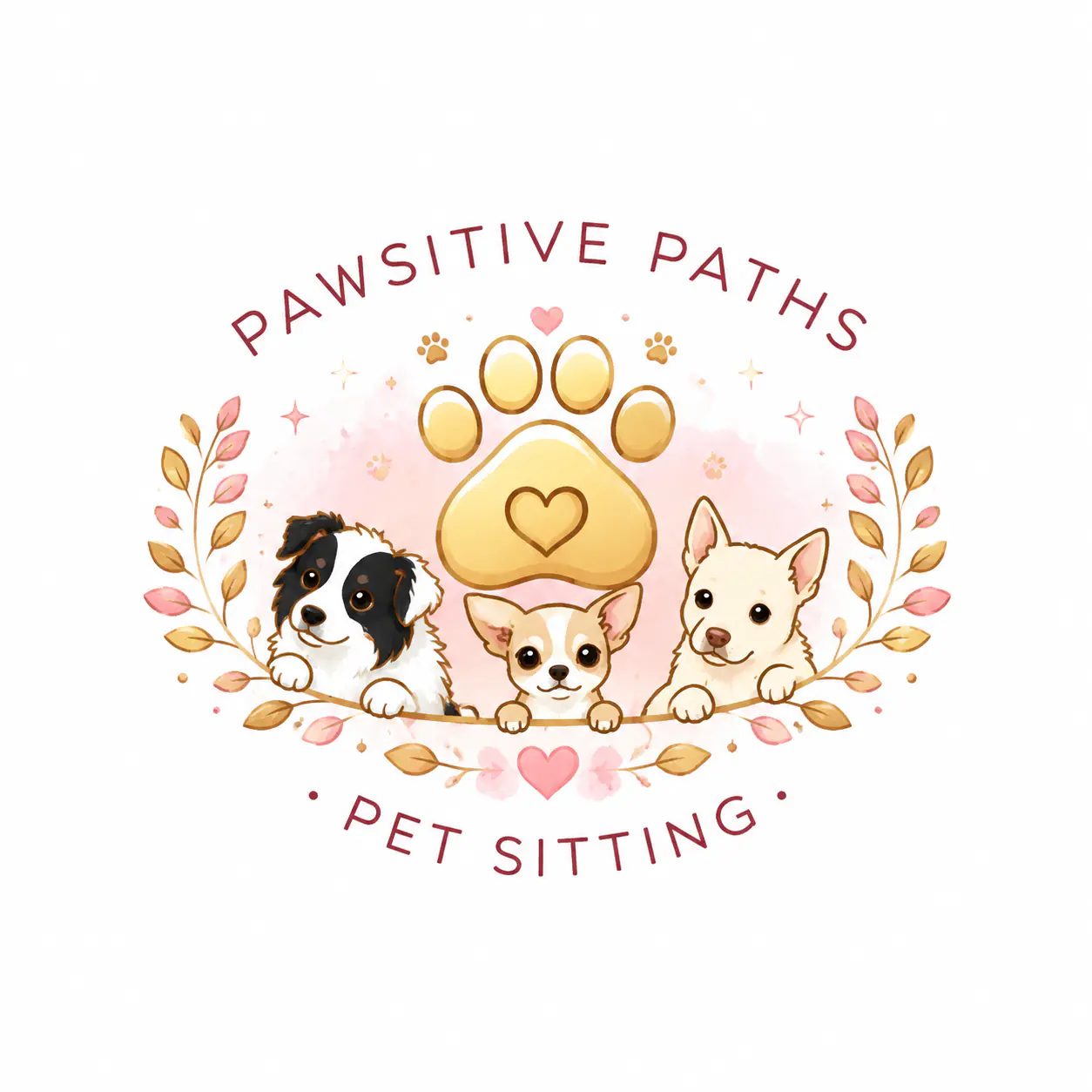 Pawsitive Paths Pet Sitting logo with Jessica's three dogs and a gold paw print